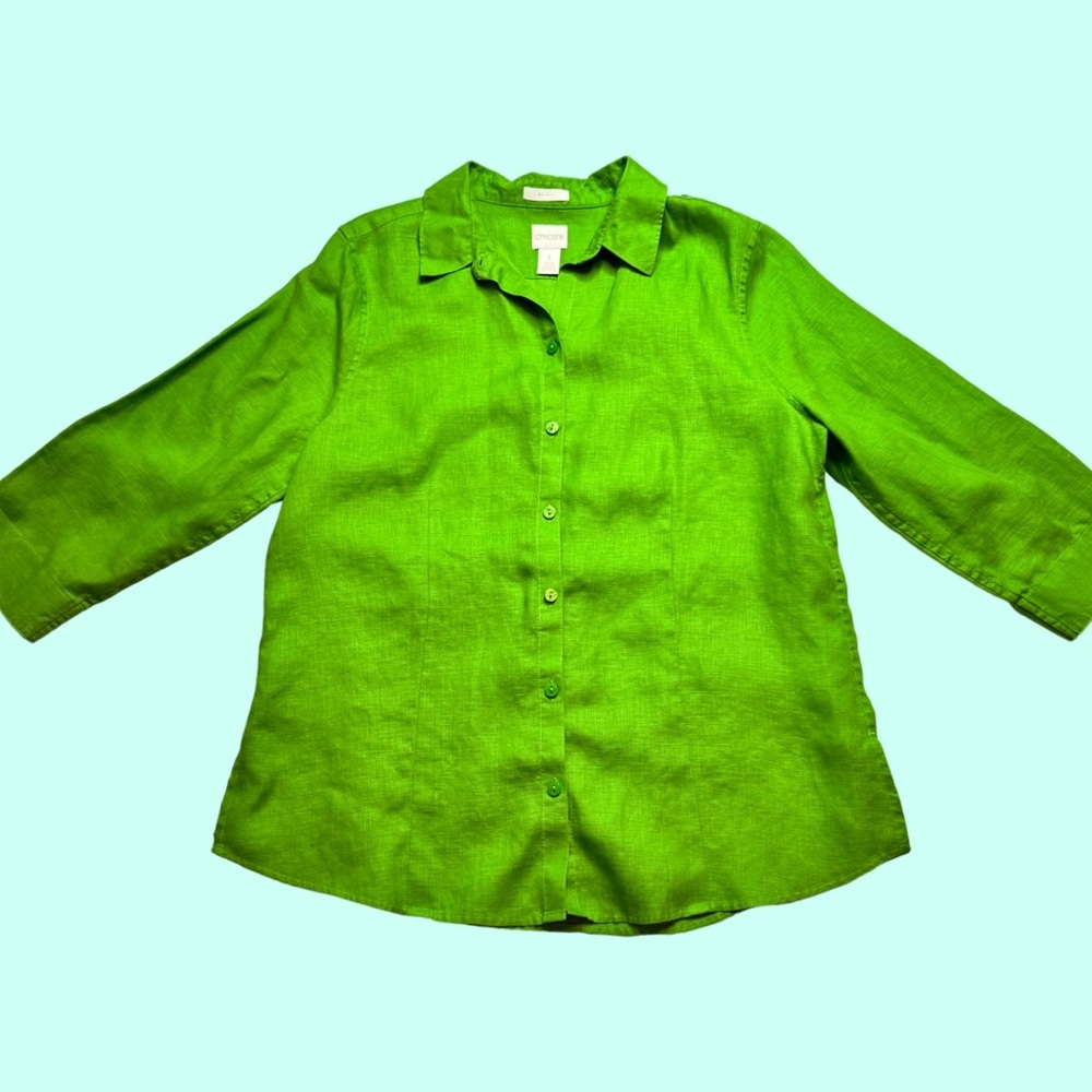 Lime Green Linen Button Down Blouse - image 1